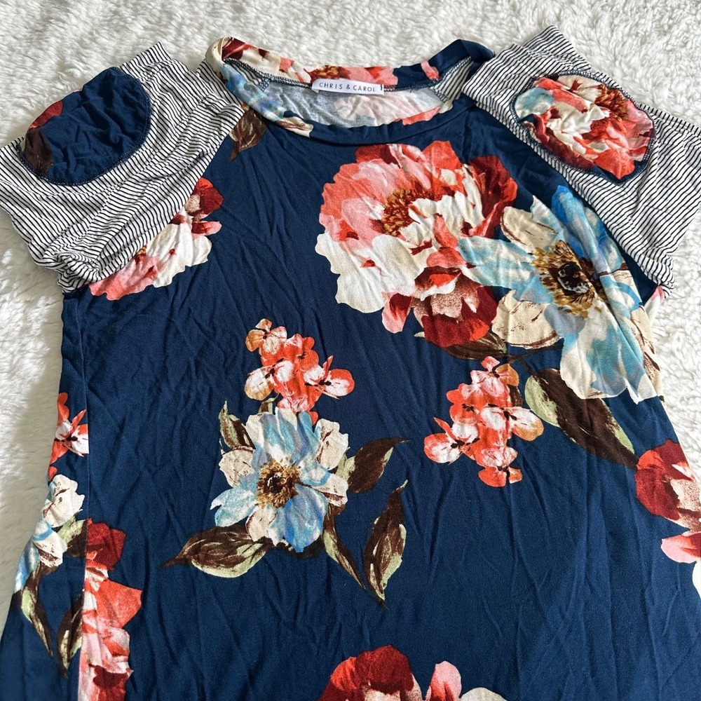 Chris & Carol Floral & Striped Raglan‎ Top Women's Large L Navy Pink Made in USA - Picture 5 of 9